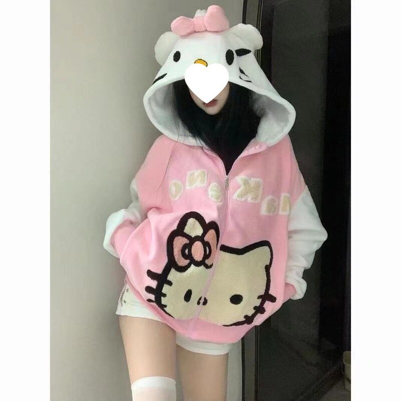 Cute Hello Kitty Heavy Embroidery Fleece Hooded Sweatshirt Zipper Jacket for Women, Loose Fit, Autumn and Winter Couple's Fleece Sweater