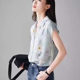 2026夏季新款印花桑蚕丝小飞袖衬衫女上衣时尚衬衣设计感图片色无