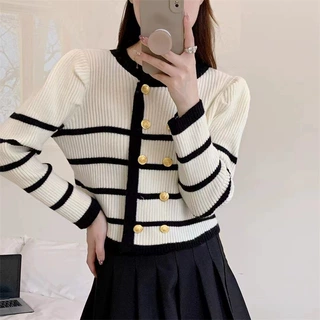 2023秋季新款韩版宽松慵懒圆领条纹针织开衫设计感女撞色毛衣外套