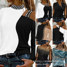 wish亚马逊欧美长袖宽松圆领休闲宽松烫金T恤女-HBL235系列