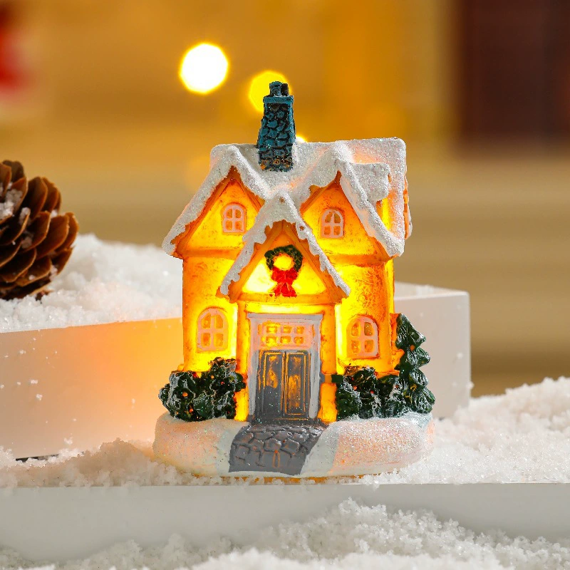 Miniature resin house decorations, micro landscape LED models, battery‑powered, assorted sizes 7–10 cm