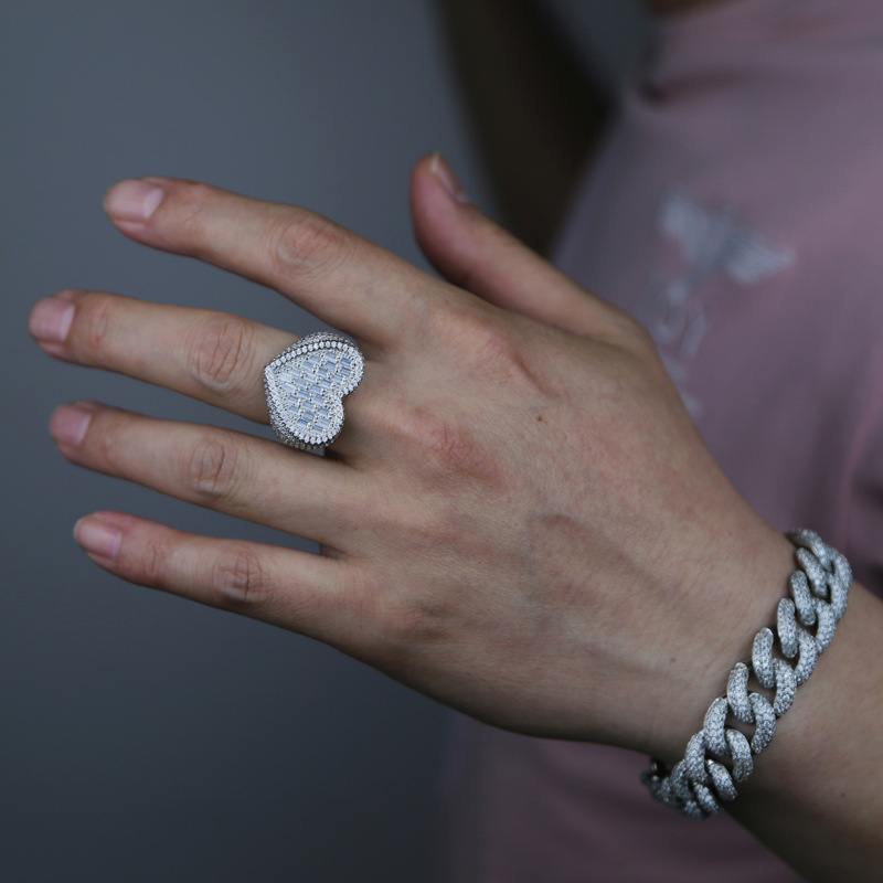 Hip-Hop Heart Shape Copper Inlay Zircon Rings 1 Piece