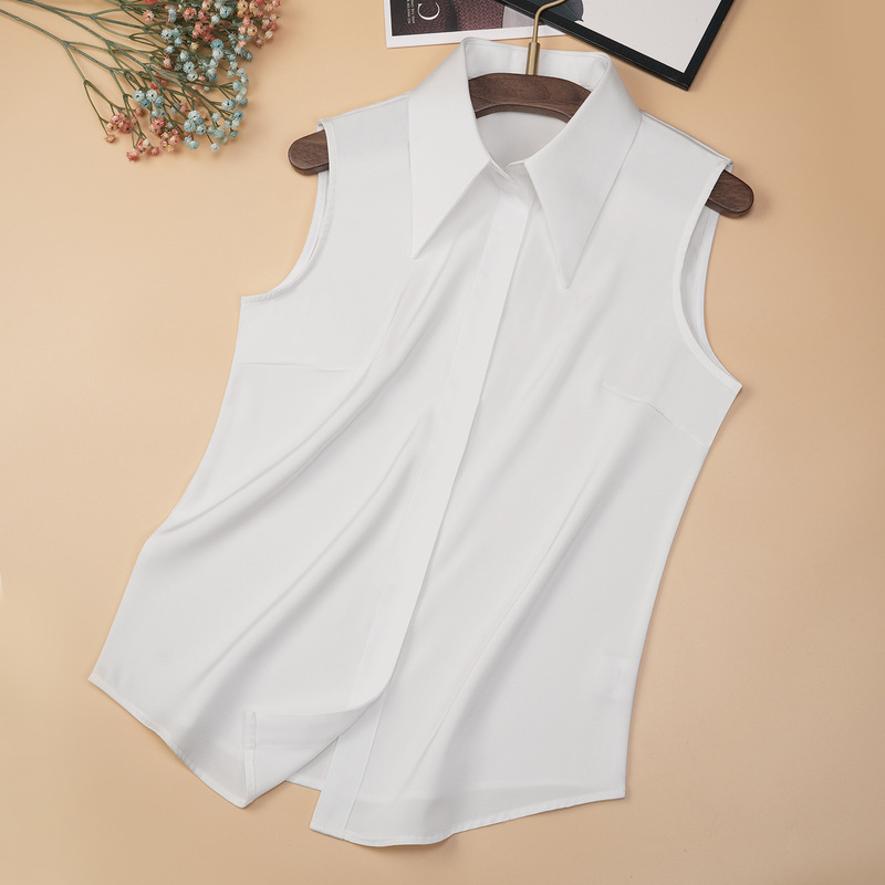 Women's Sleeveless Shirt, Spring & Fall Top, Layered Bottoming, Artistic Women's Vest, Lapel, Large Size White Shirt
