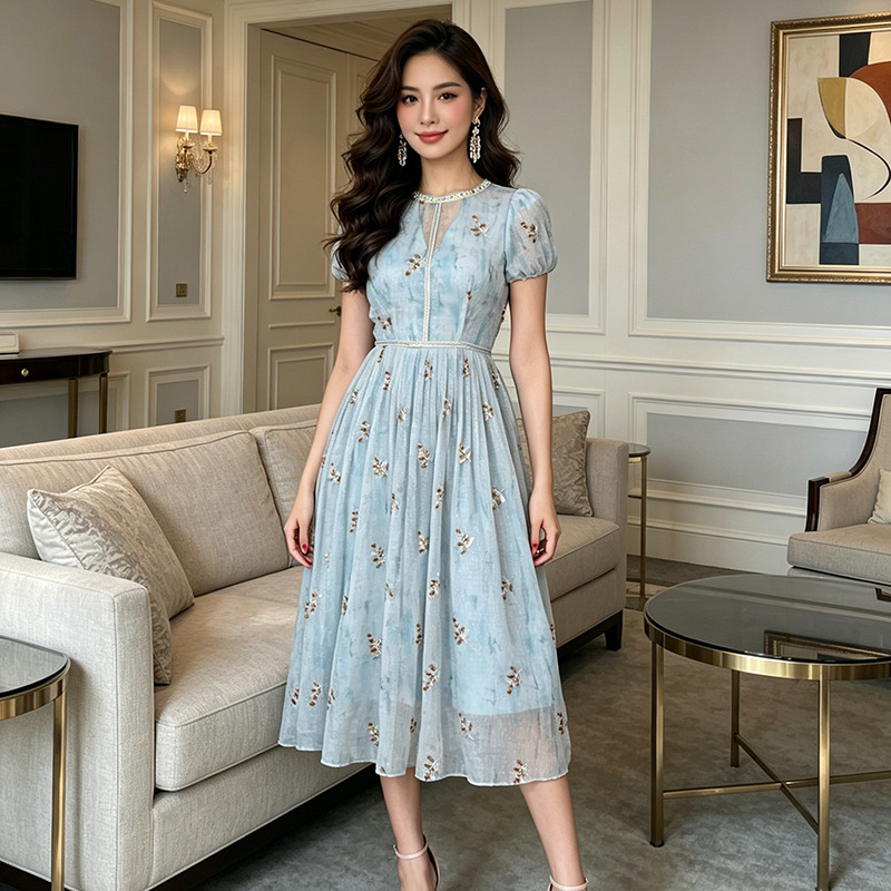 Đầm maxi nữ thắt eo họa tiết hoa nhí phong cách Pháp — Xanh da trờicolor chi tiết 2