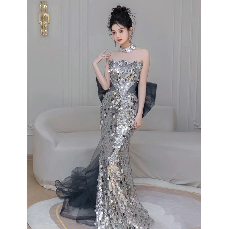 Vestido de noche de bar mitzvah de compromiso brindis lujoso nicho de alta gama anfitrión de graduación de cola de pescado lentejas francesas de alta calidad