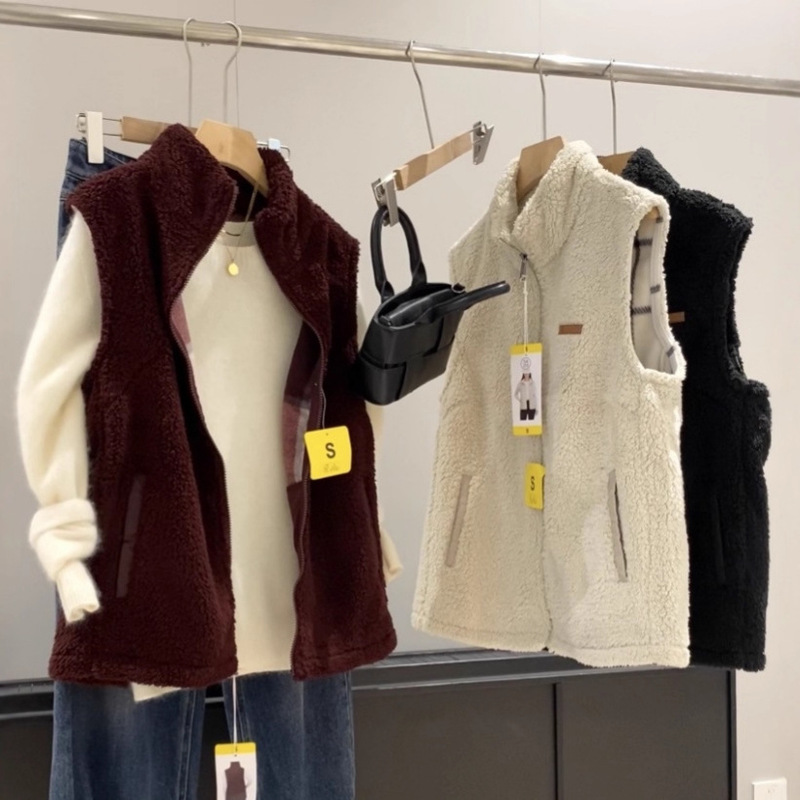 Order Kou Beauty Wholesale! Japanese-Style Simple Solid Color Basic Versatile Fleece Warm Sleeveless Vest for Women