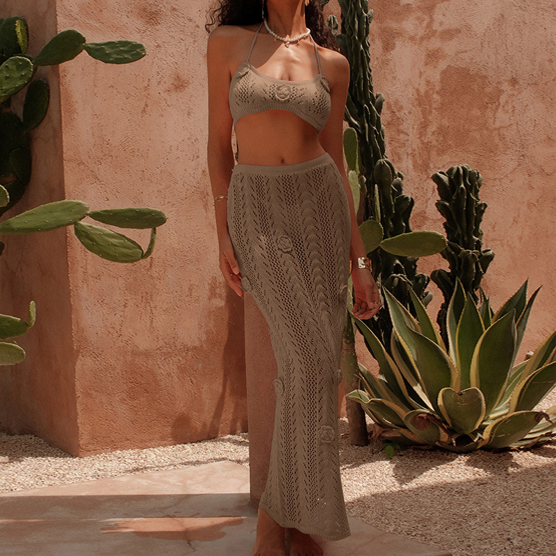 Transfronterizo Amazon Holiday Tridimensional crochet hueca correa trasera falda larga de protección solar de moda traje de blusa de playa