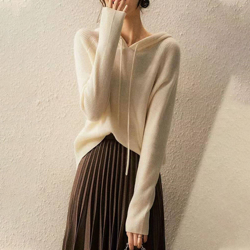 Wool Sweater Women's Hooded Sweater Solid Color Cashmere Loose Spring Autumn Winter Thickened Sweater Base Knitted Cardigan Jacket