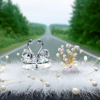 Car ornaments — Rotating Swan Car Aromatherapy Cute - solar-powered-white-swan-white-diamond-gypsophila-pearl-wool-pad