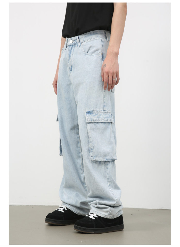 Quần jean nam ống rộng ống đứng dáng suông, vải denim giặt cổ điển, nhiều túi — Màu xanh lam chi tiết 7