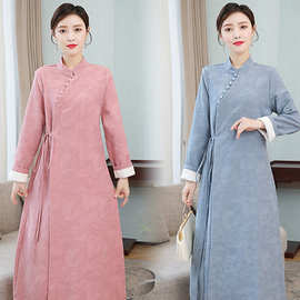 9012秋冬新品新中式复古改良旗袍气质国风加绒加厚禅意茶服连衣裙