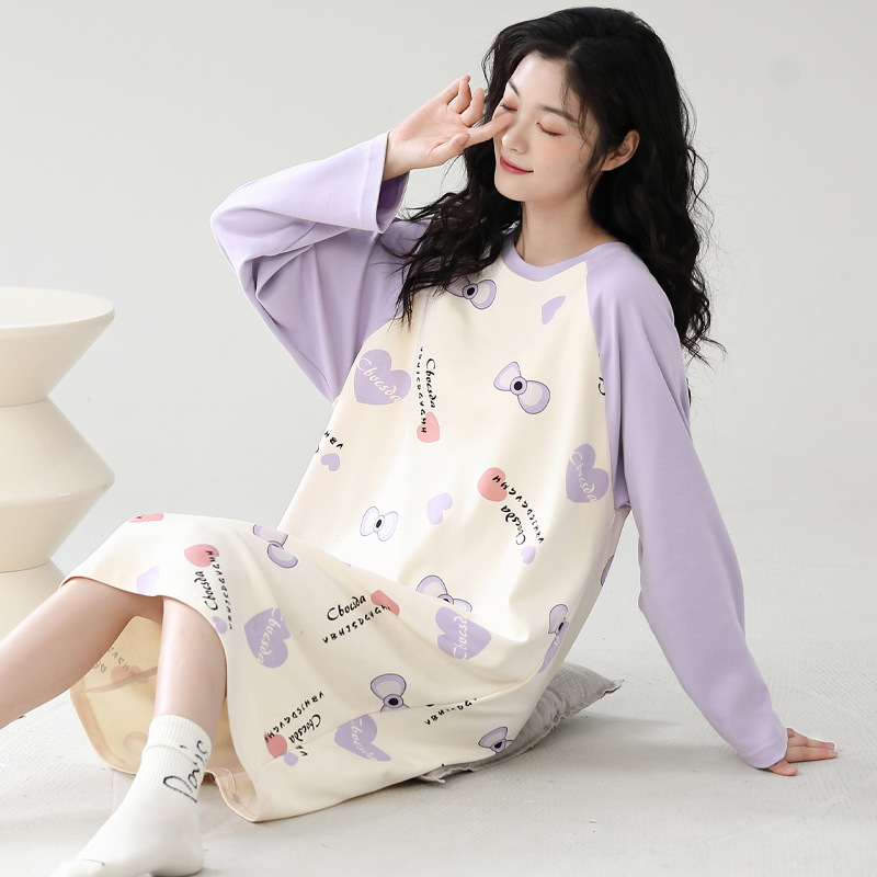 Camisón con almohadilla en el pecho Otoño e Invierno de las mujeres de manga larga de algodón puro pijamas de niña linda al por mayor de fábrica dulce directo se puede usar fuera