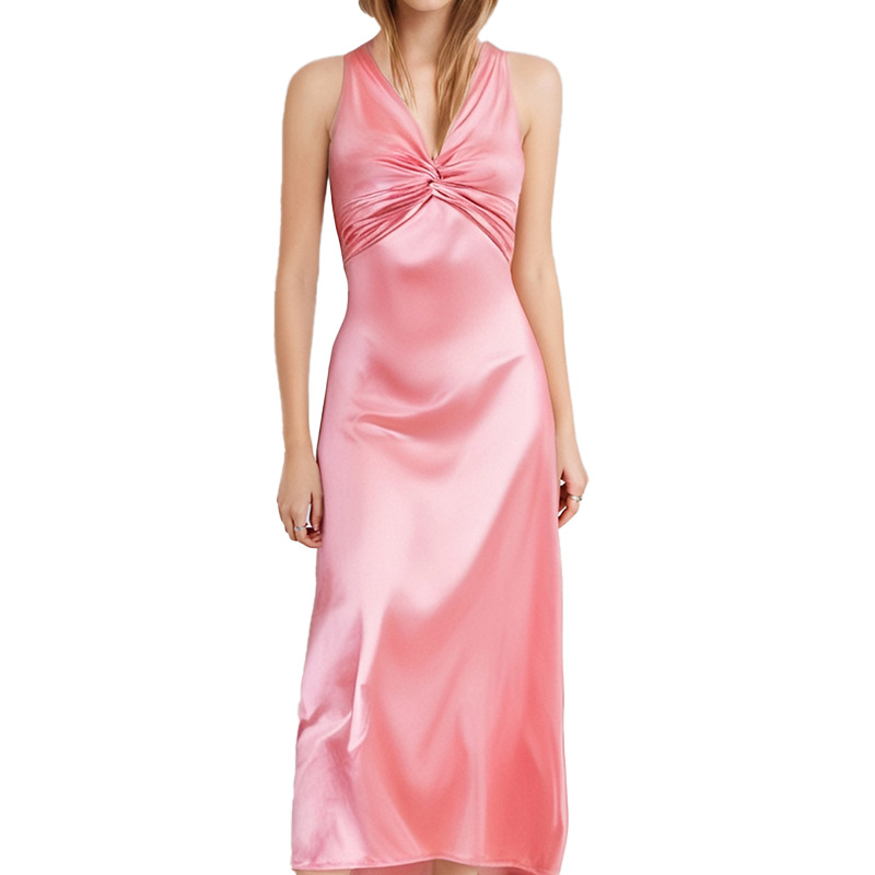 Transfronterizo 2025 primavera nueva ropa de mujer europea y americana temperamento satinado vestido de tirantes sexy halter halter