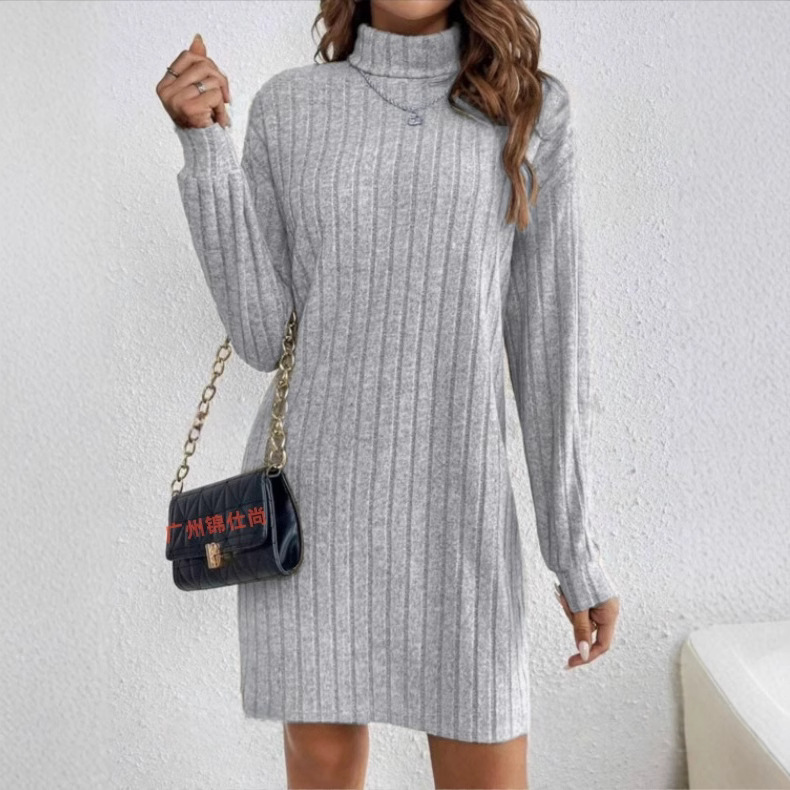 High Neck Long Sleeve Gray Striped Dress for Women