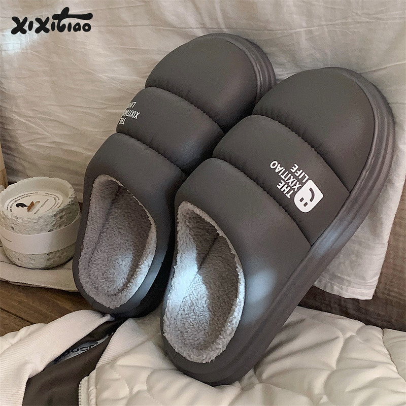 Thin strip autumn and winter new men's pu leather fleece-lined warm cotton slippers home high-end feeling cotton shoes ins