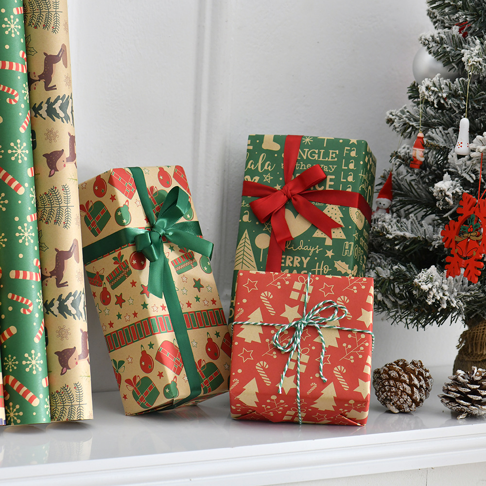 Amazon Navidad Vintage papel de regalo de papel Kraft Santa Claus árbol de Navidad de dibujos animados de papel de regalo