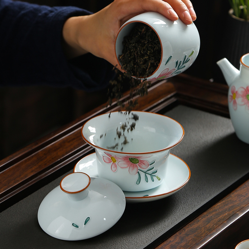 Cubierta pintada a mano Tazón sancai Jing taza de té solo juego de té de Kung Fu de cerámica tazón de té de mano en relieve porcelana blanca creativa