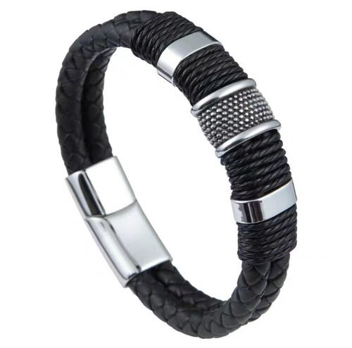 Cross-border European and American titanium steel bracelet for couples men's double-layer leather braided stainless steel magnetic buckle punk bracelet