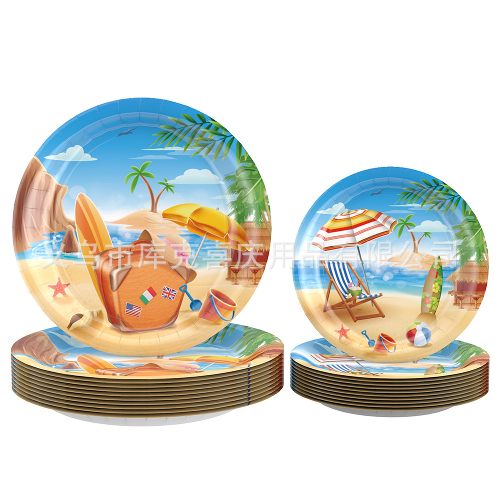 Nuevo Tema de vacaciones de playa bandeja de papel desechable taza de papel toalla vajilla traje de verano fiesta decoración suministros