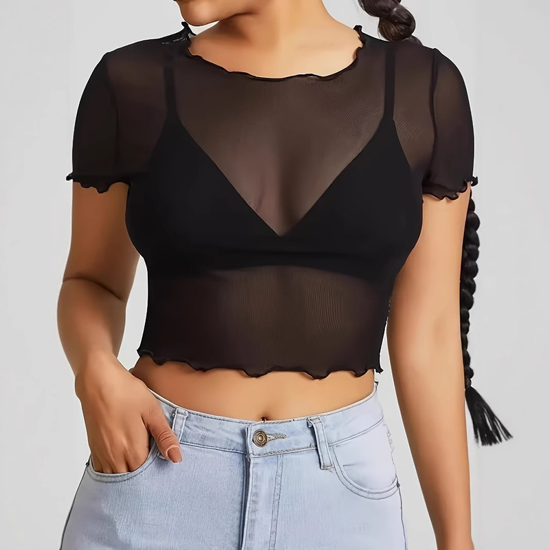 Women's Summer Short Sleeve Top - Translucent Mesh Rolled Edge Black Pullover Fashion Sexy Top T-Shirt
