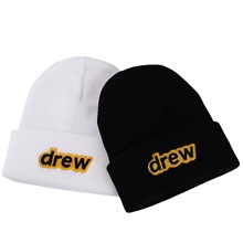跨境亚马逊比伯drew刺绣针织帽欧美潮流笑脸嘻哈帽男女情侣毛线帽