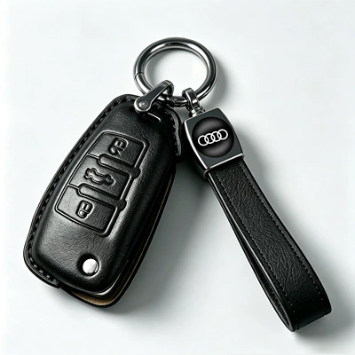 A7L men's q4etron case — Car key bag - model-d-black-leather-case-elastic-loop-leather-cord-key-holder