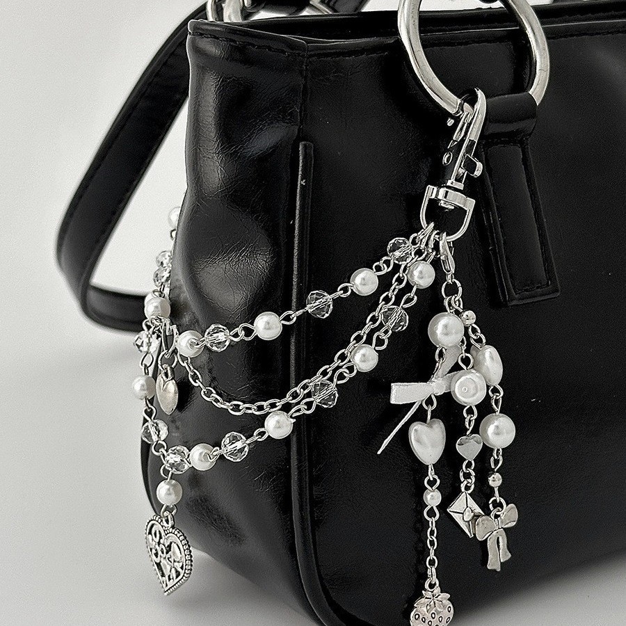 European and American Cross-Border Sweet and Cool Ins-Style Faux Pearl Beaded Bag Chain Creative Heart-Shaped Bow Tassel Bag Chain Pendant