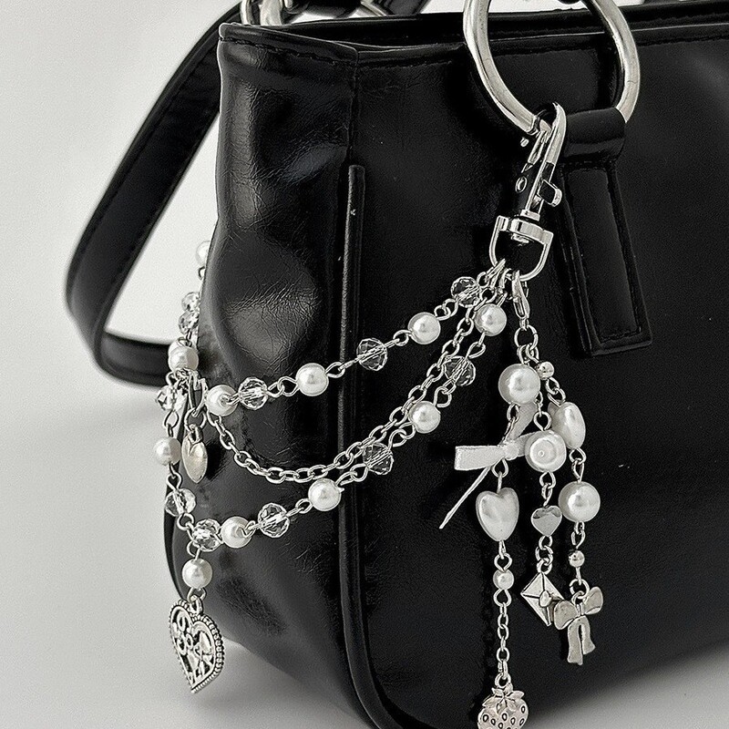 European and American Cross-Border Sweet and Cool Ins-Style Faux Pearl Beaded Bag Chain Creative Heart-Shaped Bow Tassel Bag Chain Pendant European and American Cross-Border Sweet and Cool Ins-Style Faux Pearl Beaded Bag Chain Creative Heart-Shaped Bow Tassel Bag Chain Pendant