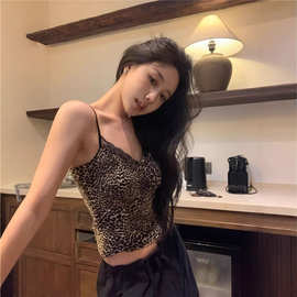 美式复古修身豹纹小吊带背心女夏季内搭性感辣妹显瘦短款外穿上衣