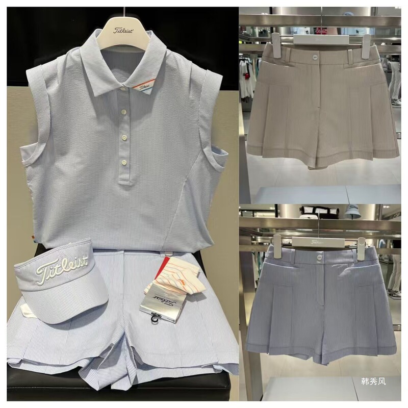 Golf Clothing for Women, Summer Style, Lettered Vertical Stripes, Casual Thin Shorts, Lapel Thin Sleeveless Casual Top