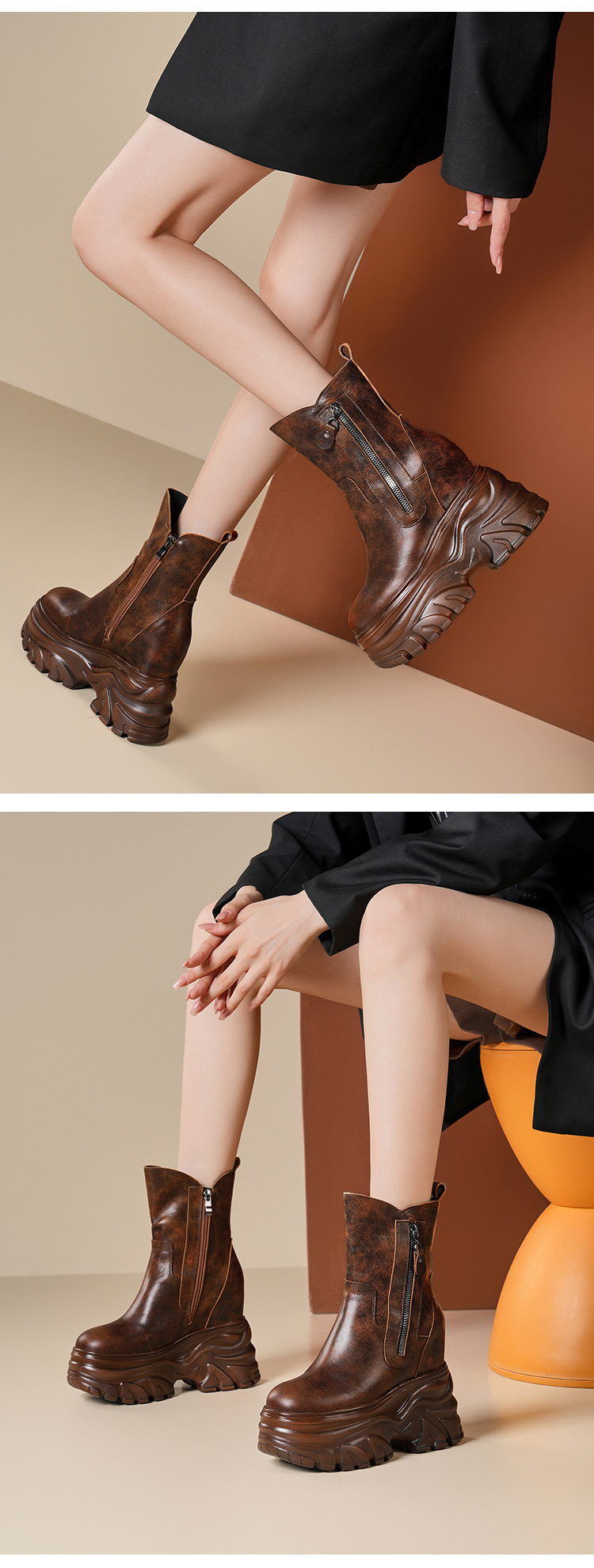 Boot nữ cổ thấp đế tăng chiều cao 14 cm phong cách cổ điển, dáng ôm chân, mũi tròn — Lót nhung đen chi tiết 5