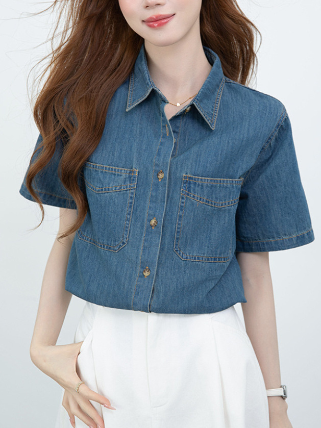 Áo sơ mi denim nữ tay dài phong cách retro rộng rãi — xanh lam