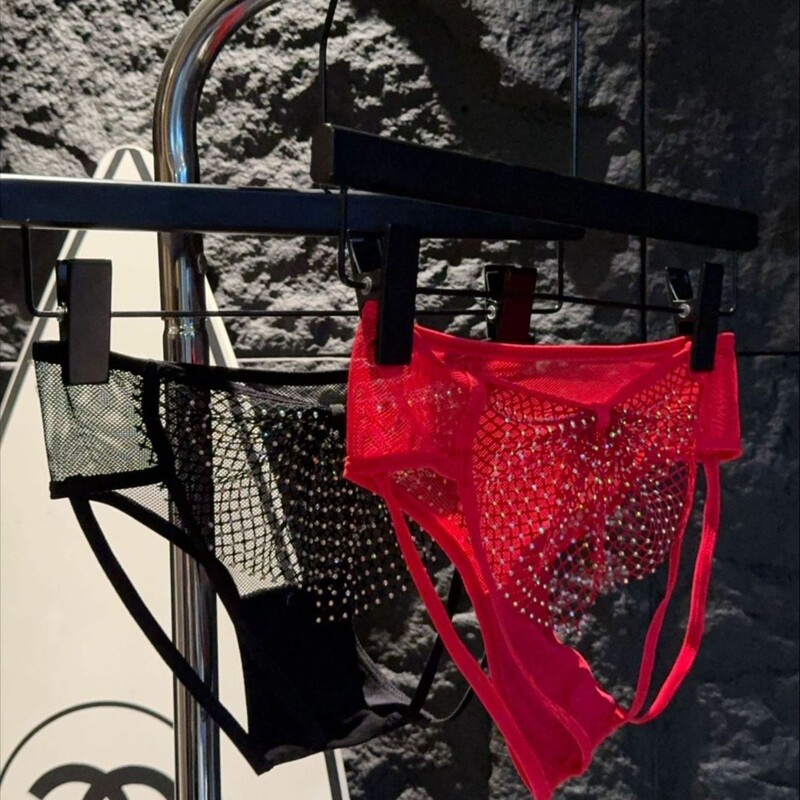 Good quality original rhinestone fishing net underwear women sexy hollow big bow panties open file temptation