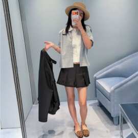 南油高端女装Miu家26夏季新款格纹翻领休闲百搭短袖衬衣衬衫上衣