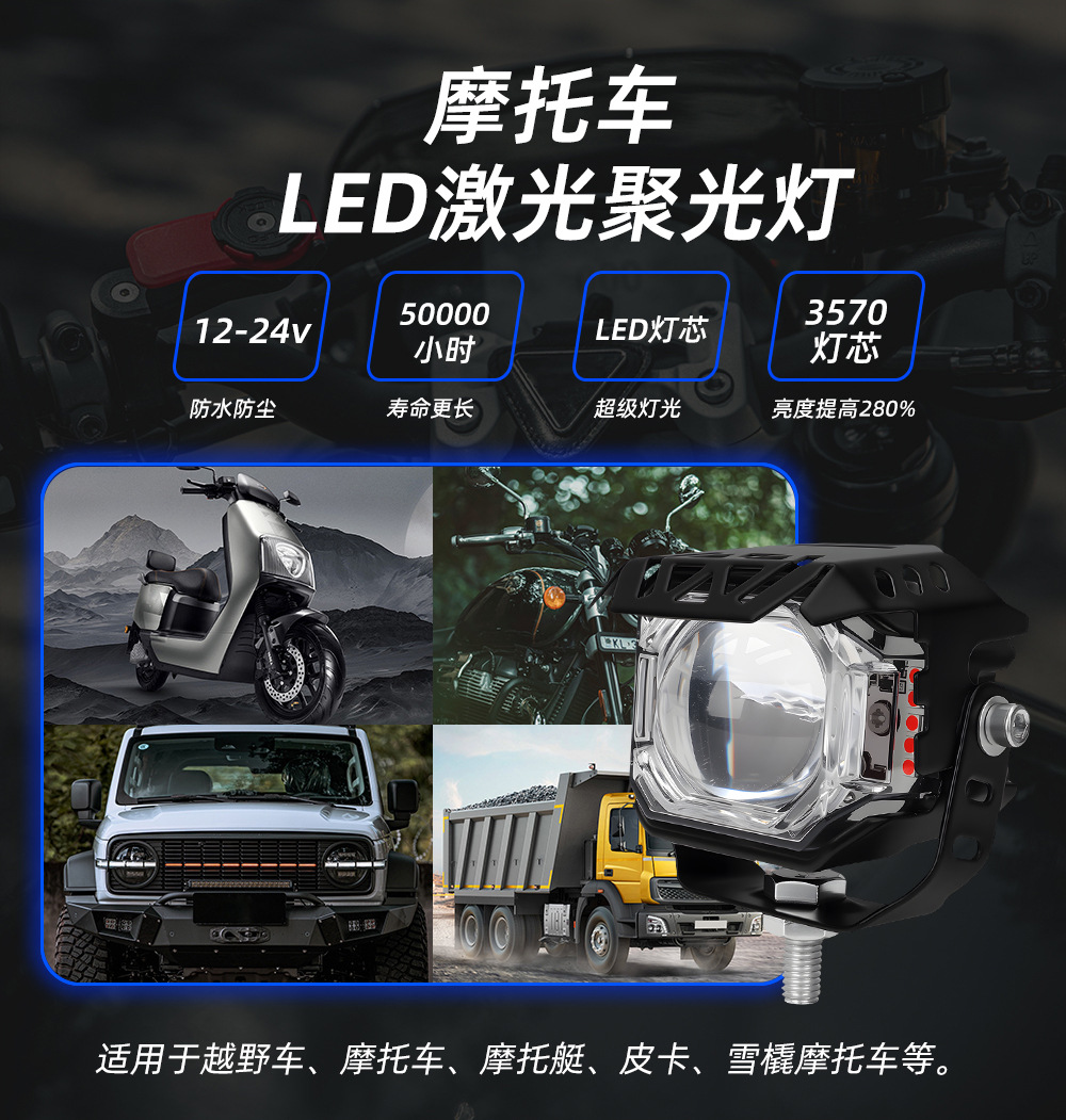 Motorcycle Large Single-Eye Led Spotlight White Yellow Red Blue Flashing Far and Near Integrated Electric Vehicle External Spotlight Car Light
