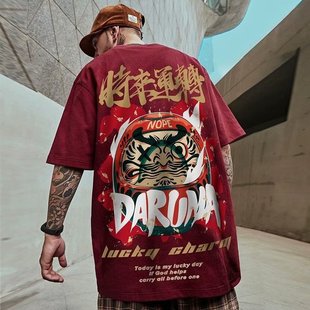New short-sleeved men's trendy Chinese style fat man 5XL trendy brand T-shirt loose trendy large size half-sleeved summer wine red