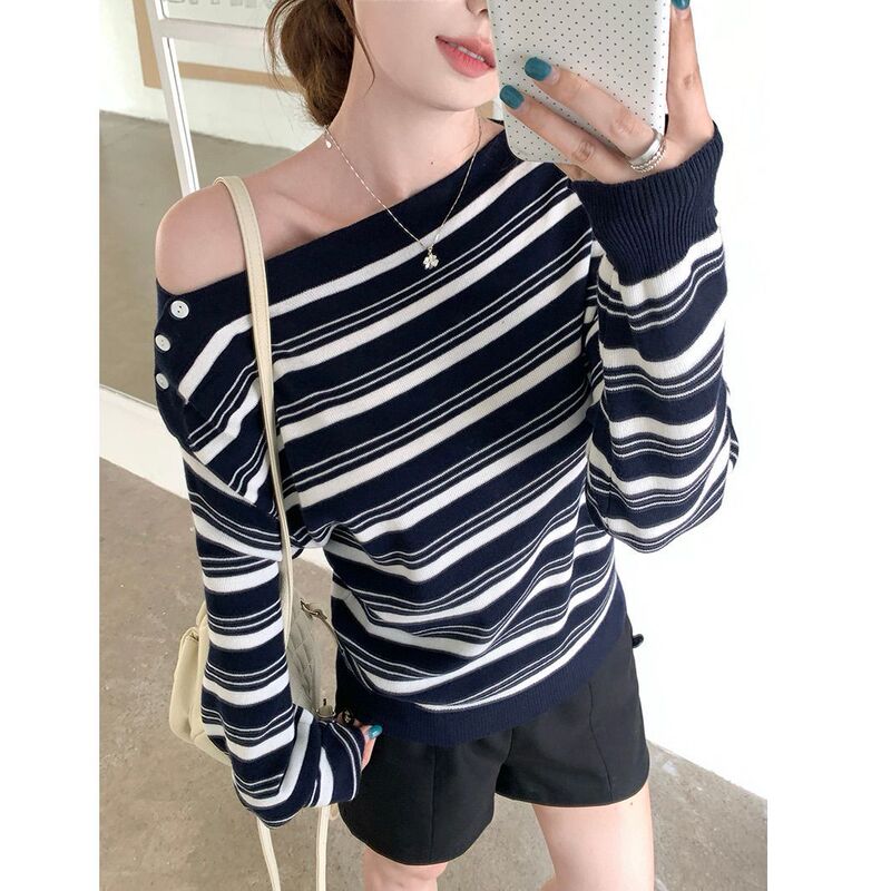 Autumn and Winter Off-Shoulder Spicy Girl Pure Desire Striped Knit Top Long-Sleeve Versatile Slimming High-End Ins Style Sweater Autumn and Winter Off-Shoulder Spicy Girl Pure Desire Striped Knit Top Long-Sleeve Versatile Slimming High-End Ins Style Sweater