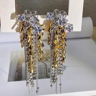 [金色烟花麦穗流苏耳环珍珠花朵镶锆石高级感拼色满钻水滴耳饰]