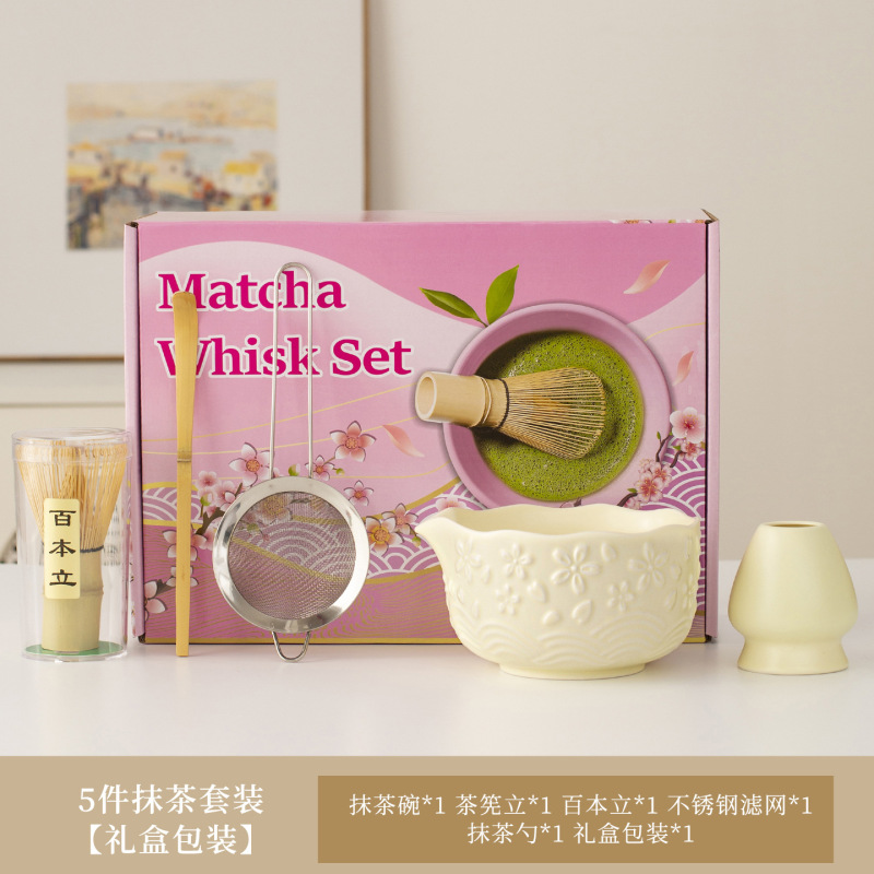 日式跨境樱花抹茶碗茶具套装茶刷宋代点茶打抹茶工具竹茶筅百本立|undefined