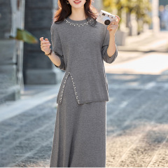 套装女春2025新款显瘦好看早秋钉珠休闲宽松气质半身裙两件套潮