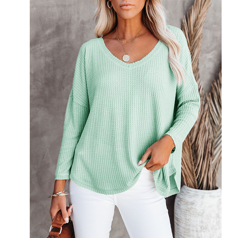 V-neck long-sleeved loose waffle top nihaostyles wholesale clothing NSFM84832