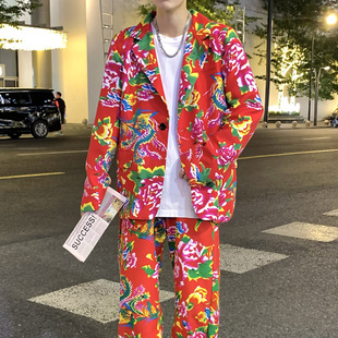Xf01 Men's Spring Hong Kong Style Literary Casual Large Size Suit Suit Northeastern Large Flower Ethnic Style Chinese Style