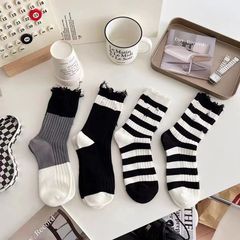 網紅破洞乞丐襪春夏季薄款襪子女精梳棉中筒襪黑白色百搭條紋潮襪