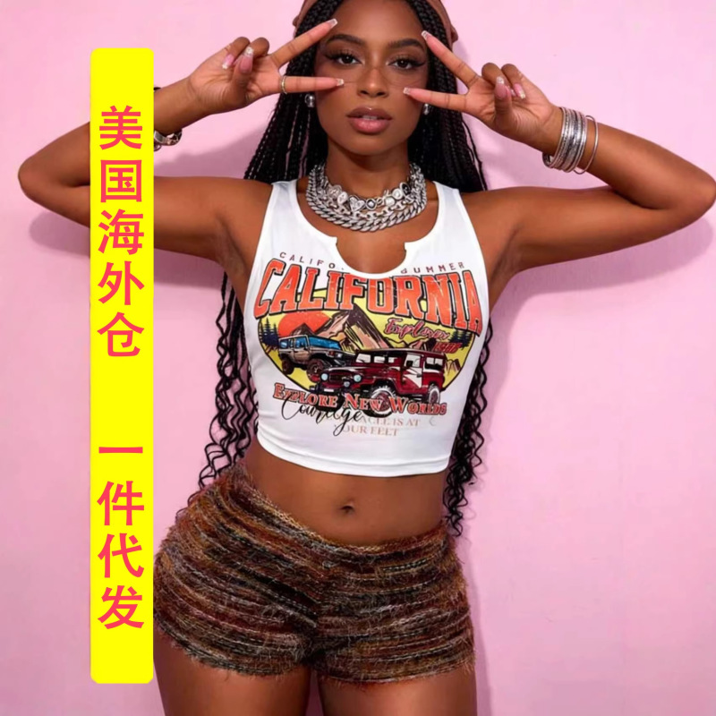 European and American Women's Fashion Sexy Vest and Shorts Set, Crop Top, Slimming Two-Piece Set with Letter Pattern, Overseas Warehouse