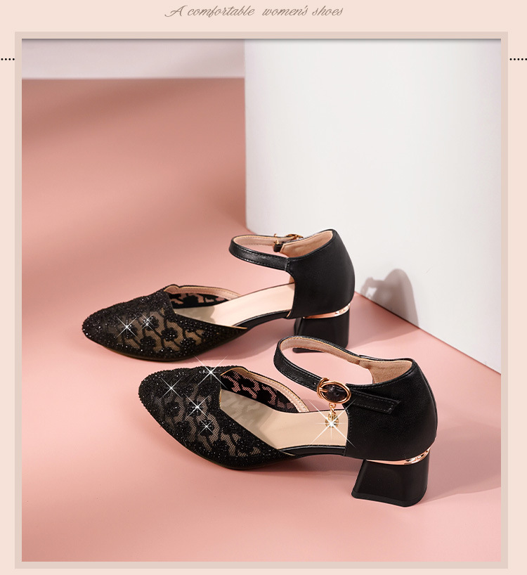Sandal nữ da thật mũi nhọn cut-out gót dày — đen chi tiết 21