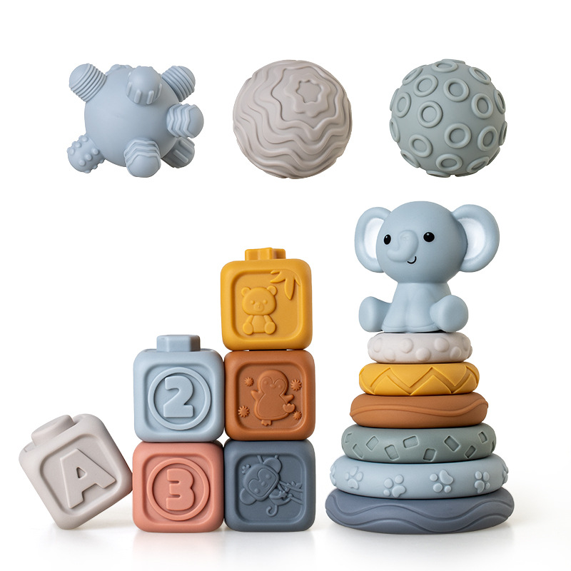 Juguetes transfronterizos de agarre de mano para bebés y niños pequeños, bloques de bloques de goma suave, círculos apilados, pellizcos para bebés, juguetes apilados de bolas image 29