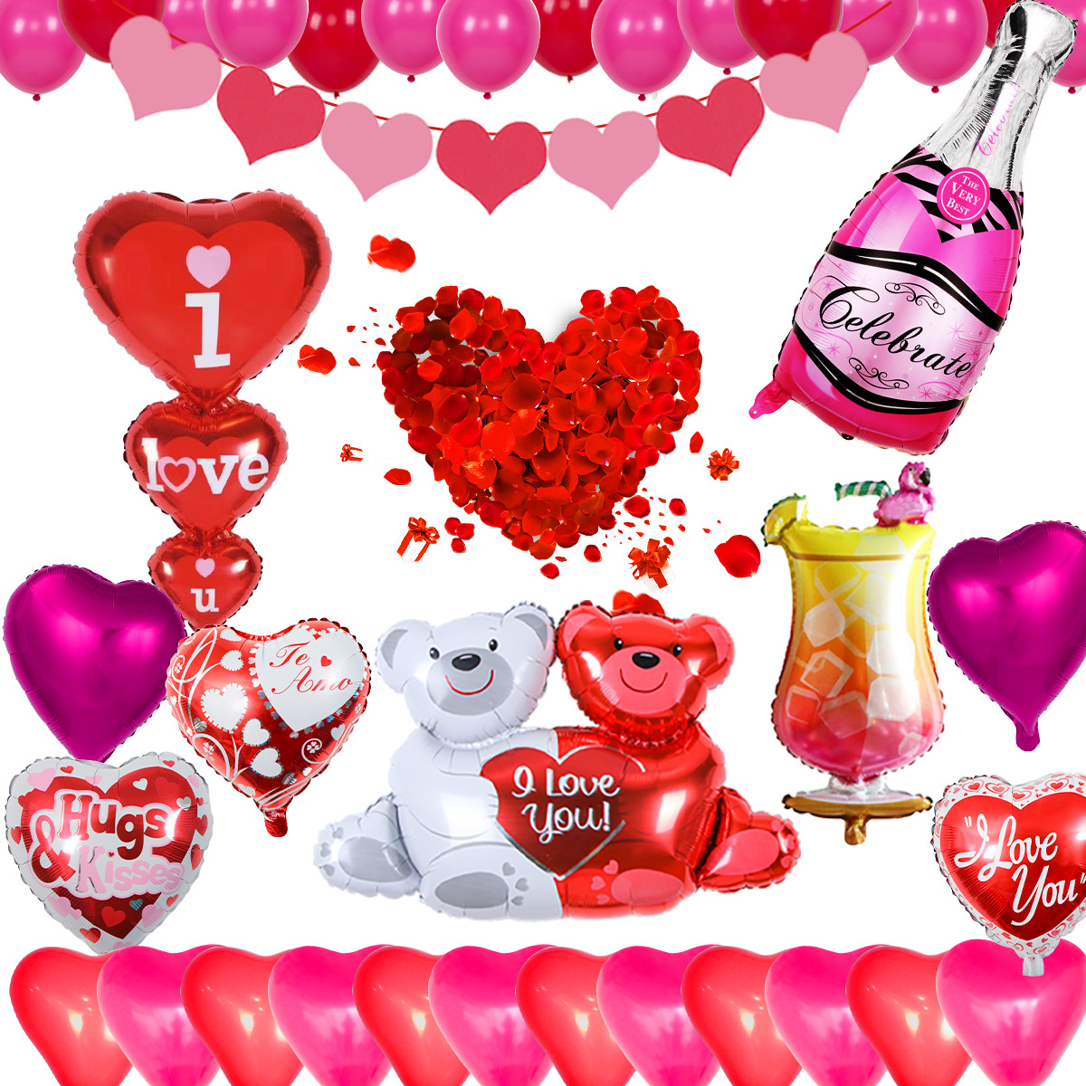 Día de San Valentín pétalos de rosa amor te amo tire bandera abrazo oso 18 pulgadas en forma de corazón traje de globo de aluminio