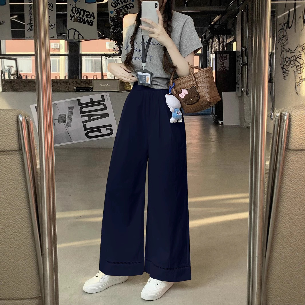 韓国 2025 新しい夏スタイルハイウエストスリム多用途カジュアルストレートパンツ女性の中空スプライシングワイドレッグ 9 点パンツ