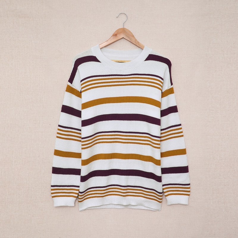 时颖跨境条纹毛衣女春秋新款落肩条纹宽松毛衣女圆领撞色针织衫女