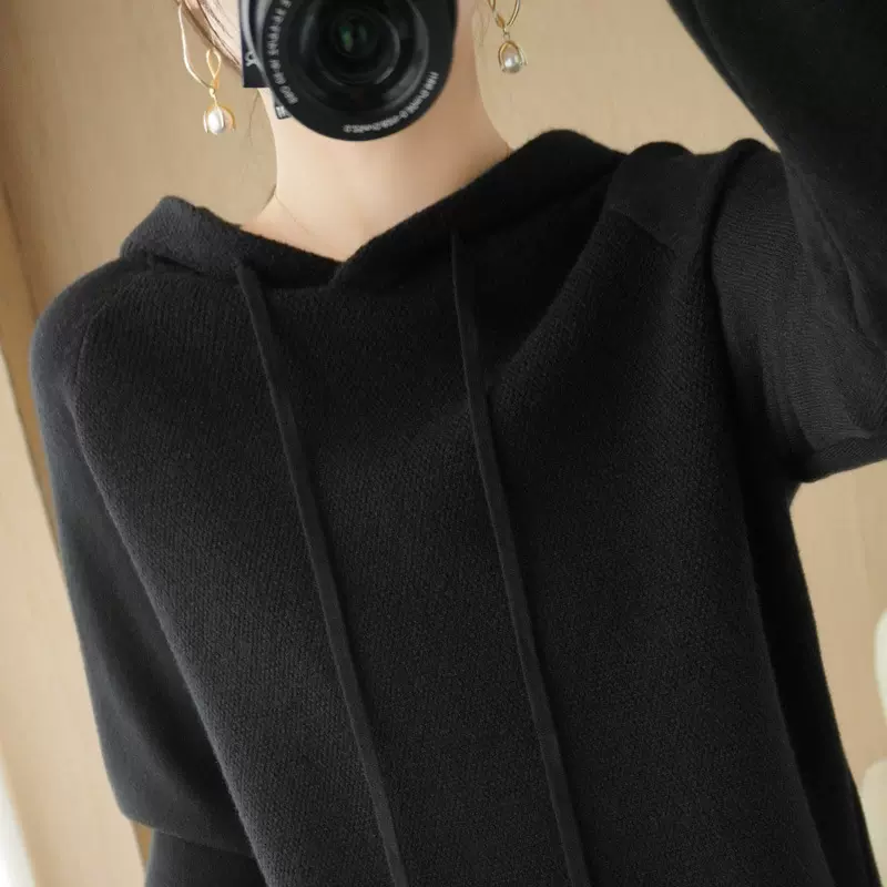 2024秋季风气质绒衫女装针织套头厚连帽宽松型女式卫衣通勤休闲
